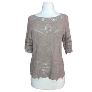 Women's XS Mocha Cotton Lace Crochet Top Bohemian Festival Cottage Core Earthy